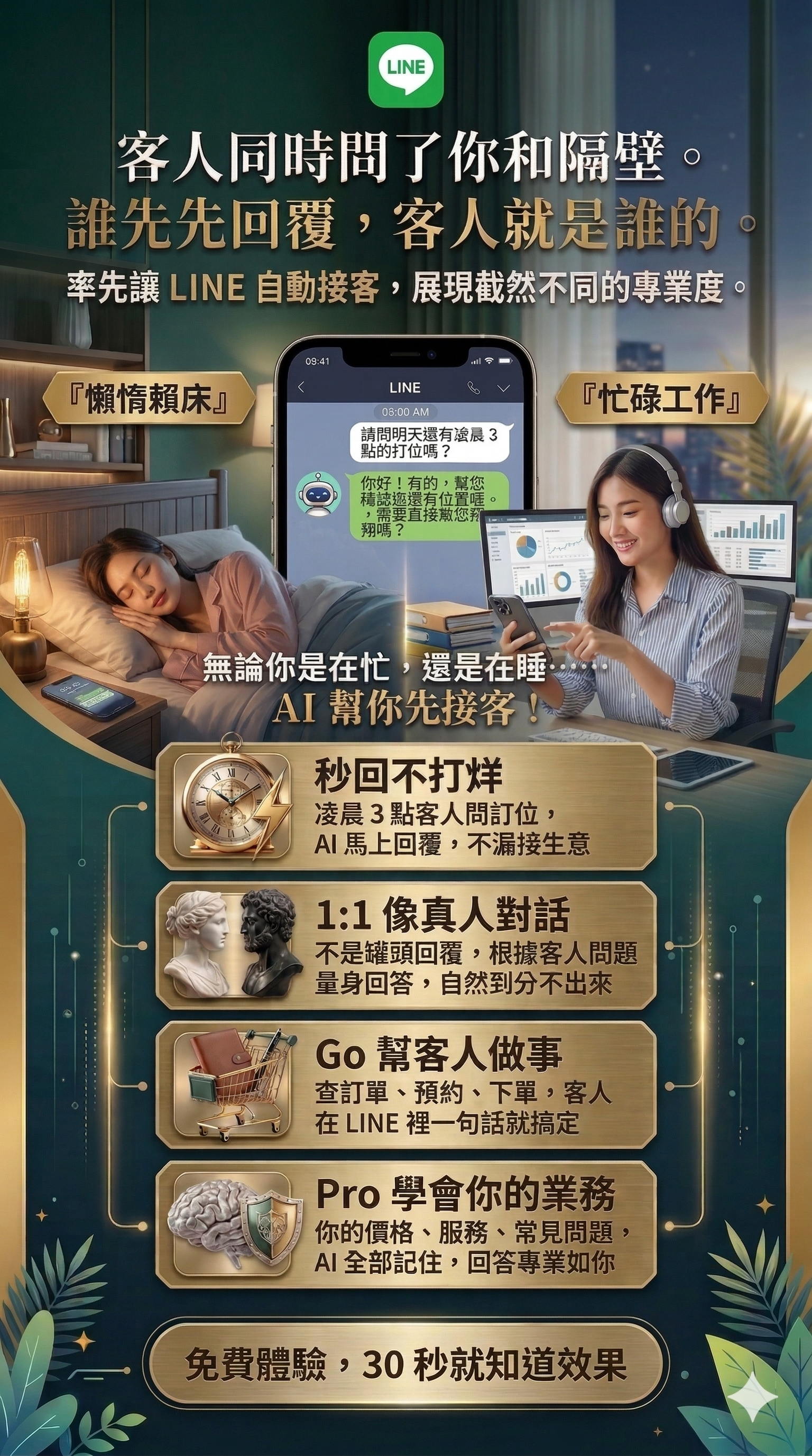 客人同時問了你和隔壁。誰先回覆，客人就是誰的。